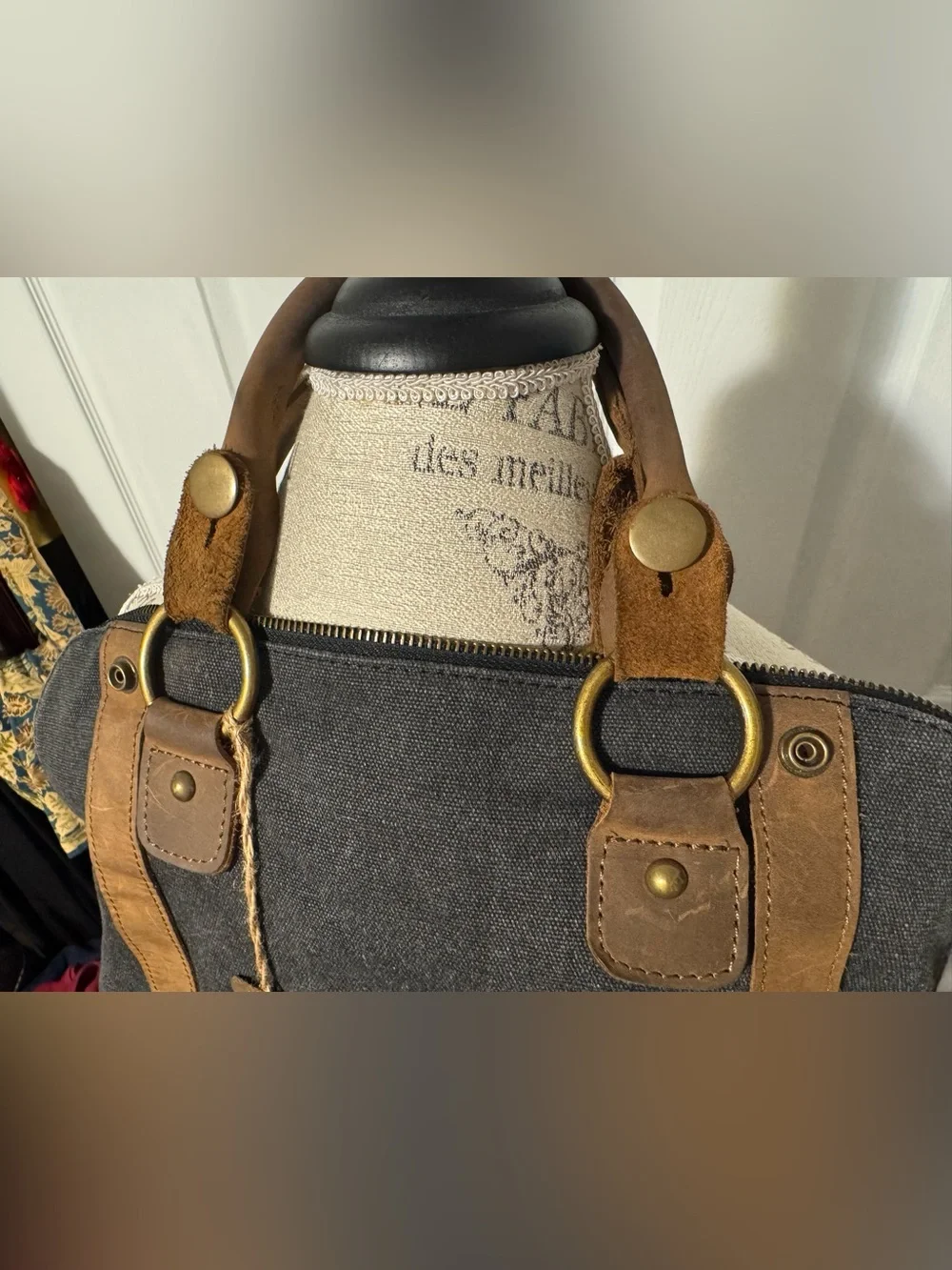 Canvas 3 in 1 Messenger Bag with Leather Trim - Navy Gray Heather Unisex